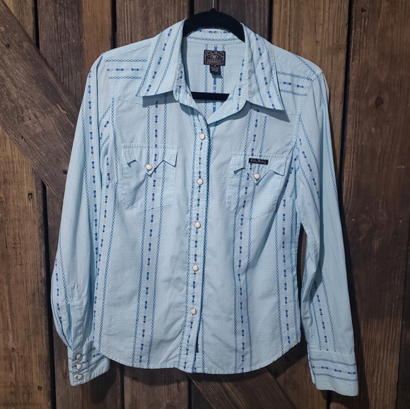 Lucky Brand Size M Snap Front Western Top Blue Embroidered - Picture 2 of 9